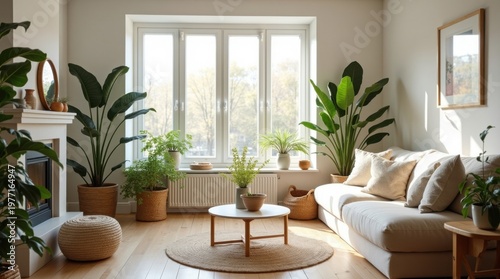 Salón de estilo escandinavo, plantas y luz solar suave, hogar minimalista para una vida tranquila