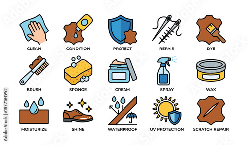 Shoe care icons set: clean, condition, repair, protect, shine