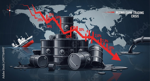 Oil barrels and falling stock market graph representing global oil prices.