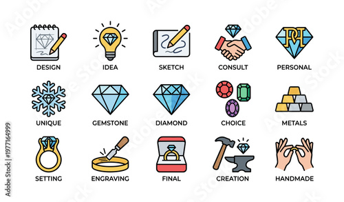 Jewelry design icons featuring diamonds, gemstones, and tools for creative process