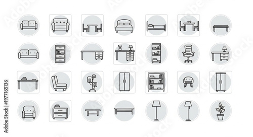 Collection of simple line art icons representing furniture and home decor items.