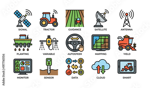 Agricultural technology concepts with drone, satellite, cloud, sensor, and tractor icons