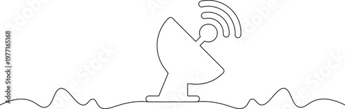 A simple line drawing of a satellite dish emitting a signal over a wavy landscape