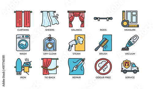 Home cleaning and maintenance icons: curtains, laundry, and household tools