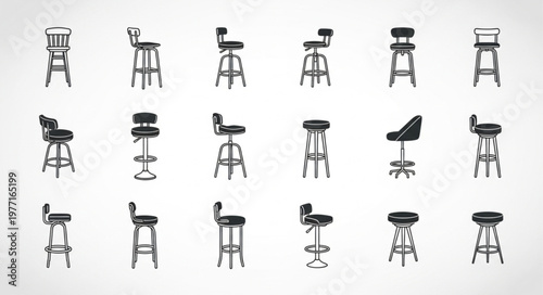 Collection of various bar stools and chairs in black and white.