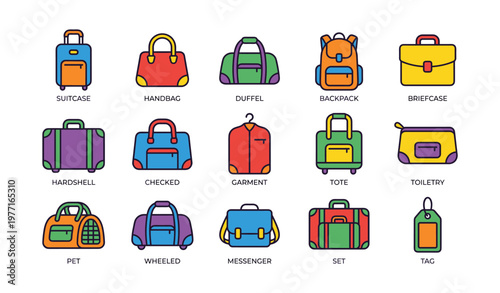 Colorful assorted travel and everyday bag collection with various types
