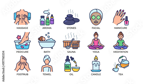 Spa and wellness icons: massage, aroma, yoga, meditation, facial treatments