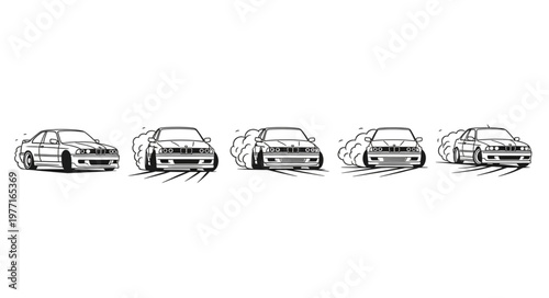 Five classic sports cars in a line illustration.