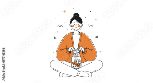 Vector illustration of a woman meditating with a cat, mindfulness and relaxation concept, yoga and wellness, orange and white colors