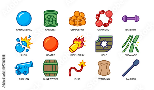 Colorful illustrations of cannonball, canister, chainshot, and explosive items