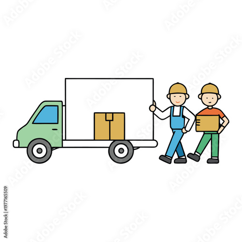 Two moving men load boxes into a truck, carefully stacking belongings with teamwork and efficiency. The scene captures the hustle of relocation and organized packing in action.
