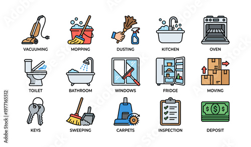 Household chores and cleaning icons: vacuuming, mopping, dusting, kitchen, oven, toilet, bathroom