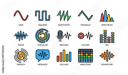 Colorful audio and waveform icons collection for music design