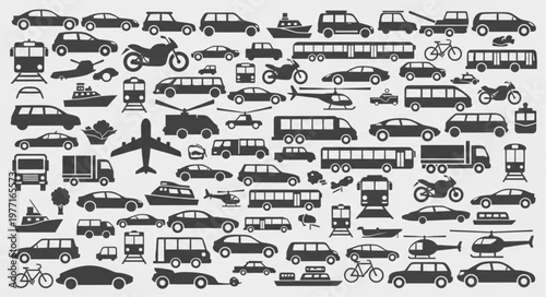 Collection of various transportation vehicles and modes of transport.