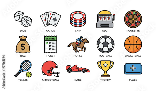 Icon set featuring gambling items, sports equipment, and racing symbols