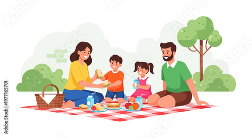 Happy young family having a picnic in the park together. EPS Editable. Vector Illustrations.