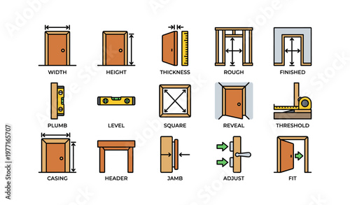 Door installation icons: measurement tools and components explained