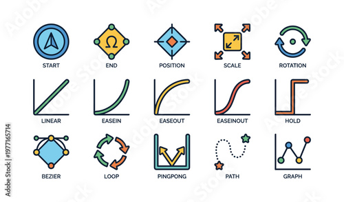 Animation and motion graphic icon set featuring various symbols