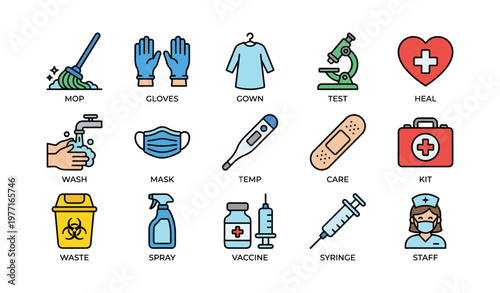 Medical and safety icons: mop, gloves, gown, microscope, heart, mask, thermometer, bandage, first aid, waste, spray, vaccine, syringe, nurse