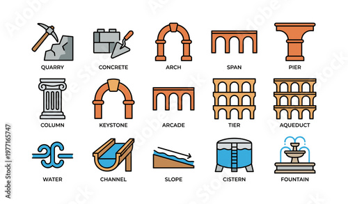 Ancient roman architecture icons: quarry, arch, aqueduct, keystone, fountain