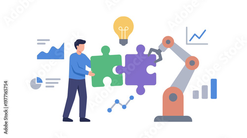 Human and Robot Collaborating on Business Puzzle Solutions. EPS Editable. Vector Illustrations.