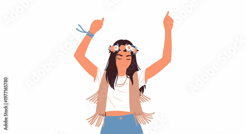 Illustration of a happy young woman dancing at a music festival. EPS Editable. Vector Illustrations.