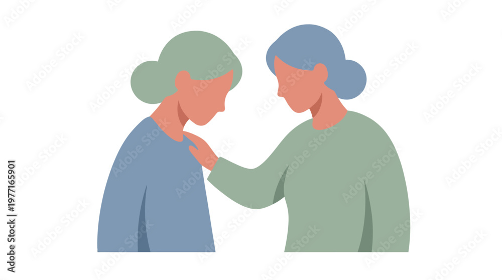 Obraz premium Illustration of a woman comforting a sad friend by placing a hand on her shoulder. EPS Editable. Vector Illustrations.