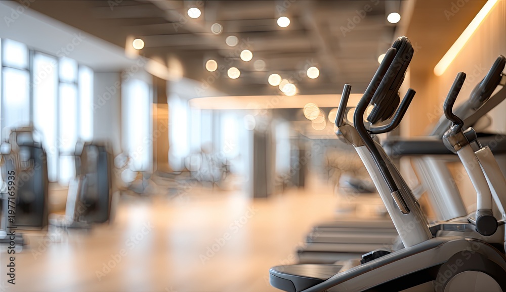 Fototapeta premium Modern fitness center interior featuring exercise machines with a blurred background