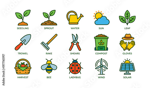 Gardening tools and symbols: seeds, tools, and sustainable energy icons