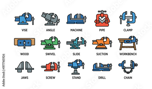 Colorful industrial tools collection including vise, pipe clamp, and workbench
