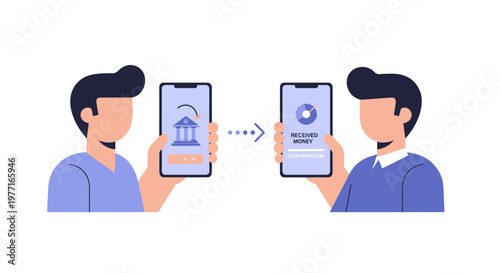 Illustration of two men using mobile phones for online bank transfer. EPS Editable. Vector Illustrations.