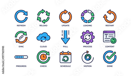 Colorful icon set illustrating technology processes and actions