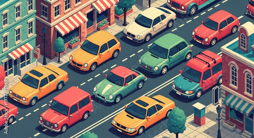 Colorful cars parked on a city street in isometric view.