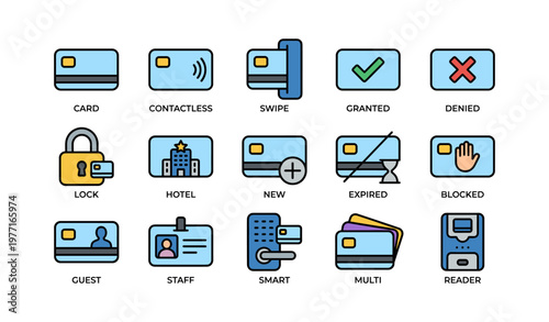 Digital access cards and icons: contactless, security, expired, hotel, smart