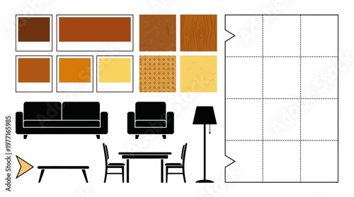 Interior design mood board with furniture silhouettes and color swatches. EPS Editable. Vector Illustrations.