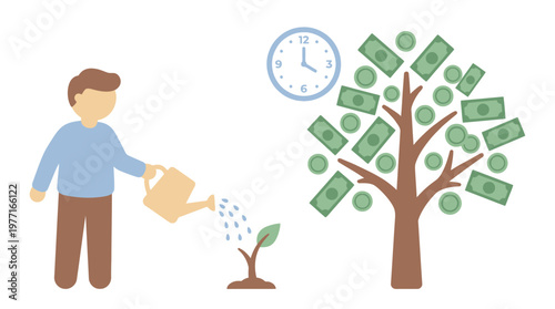 Man watering money plant with clock symbol for long term investment growth. EPS Editable. Vector Illustrations.