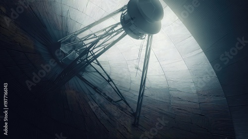 Large dish antenna structure capturing and transmitting advanced communication signals, representing global connectivity, technology, and scientific research