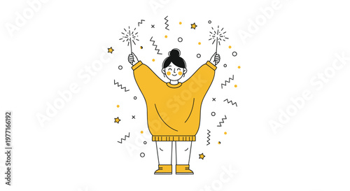 Happy cartoon woman celebrating, yellow outfit, confetti and stars, joyful illustration, festive vector graphic
