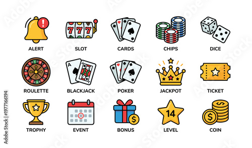 Casino game icons set with alerts chips cards dice and trophies