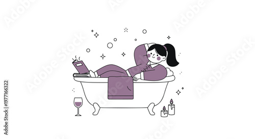 Relaxing woman in bathtub, self-care illustration, purple hues, bathroom scene, vector relaxation