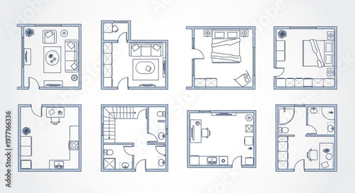 Collection of eight different apartment floor plans.