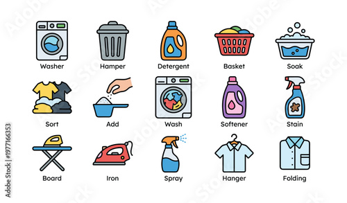 Laundry symbols and tools including washer detergent iron and clothes