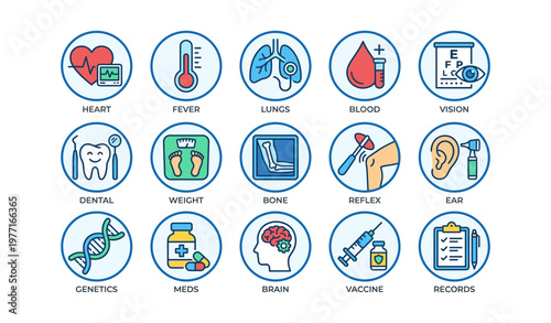 Medical icons illustrating heart, fever, lungs, blood, vision, and more health elements