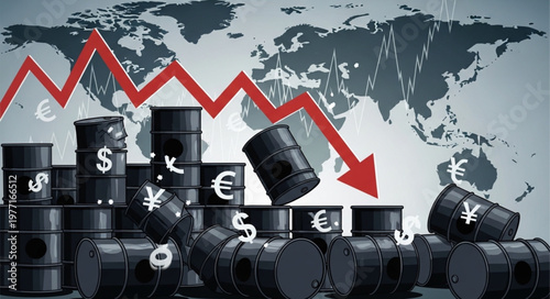 Oil barrels with currency symbols and downward trending graph.