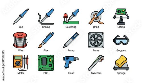 Soldering tools collection: iron, flux, tweezers, pcb, fume
