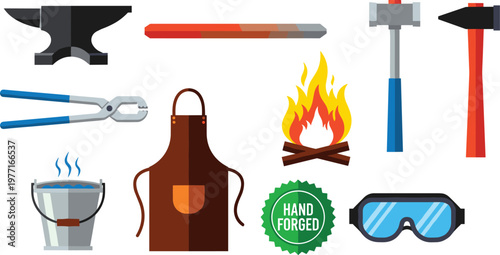 Blacksmithing and Metalworking Vector Icons Set with Symbols Including Anvil, Hammer, Fire, Tongs, Goggles, and More