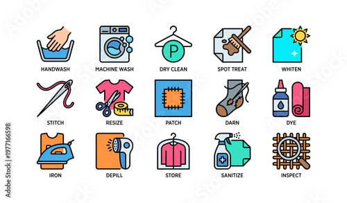 Laundry symbols and instructions icons for garment care and maintenance