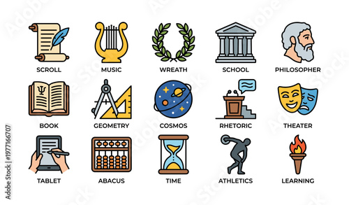 Icons depicting ancient greek education and culture