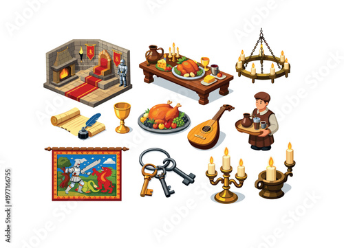 Medieval Isometric Icons: Castle Feast, Knight, and Royal Court Elements