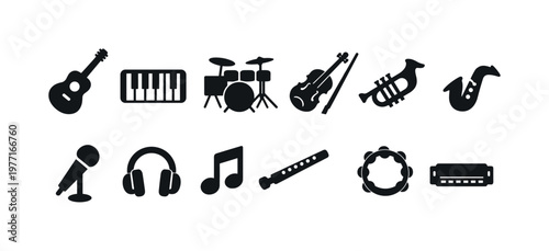 Collection of musical instrument icons on a white background, representing diverse sounds and genres